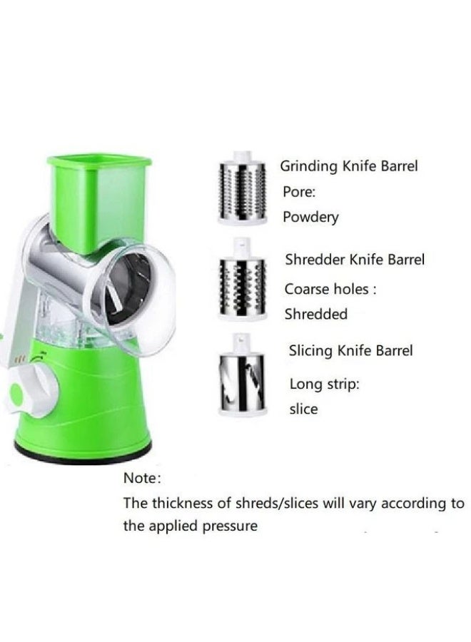 3-in-1 Manual Tabletop Drum Slicer & Vegetable Grater - Rotary Cheese Shredder, Mandoline Cutter & Nut Grinder with 3 Interchangeable Stainless Steel Blades & Suction Base (Green) - Image 4